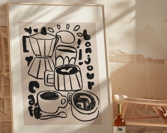 May include: A framed black and white illustration of coffee brewing equipment, including a coffee pot, mugs, and a bowl. The illustration is on a light beige background with the word "Bonjour" written in black.