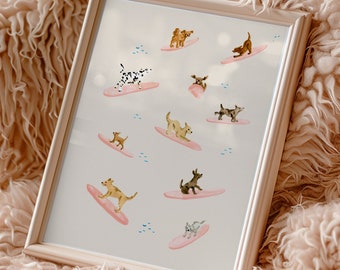 Surfing Dogs Art Print: Funny Beach House Decor for Dog Lovers