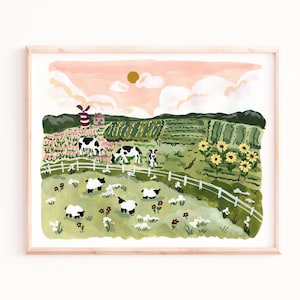 Holland Farm Art Print, Sheep and Windmill (Watercolor Style)