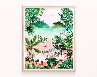 Beach Art Print, Tropical Ocean Botanical Illustration, Lush Watercolor Painting, Bird and Trees Landscape, Seaside Wall Art, Bathroom Art