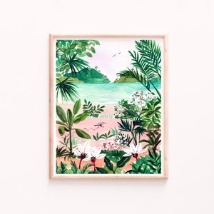 Beach Art Print, Tropical Ocean Botanical Illustration, Lush Watercolor Painting, Bird and Trees Landscape, Seaside Wall Art, Bathroom Art image 1