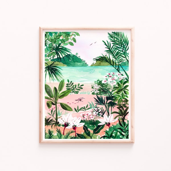 Impression d'Art de plage, Illustration botanique de l'océan tropical, Peinture à l'aquarelle luxuriante, Paysage d'oiseaux et d'arbres, Art mural de bord de mer, Art de la salle de bain