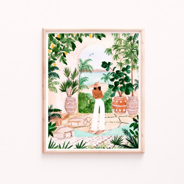 Estampado de mujer marroquí: Estilo boho tropical - Gouache pintado a mano