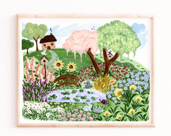 Spring Garden Art Print: Gouache Painting