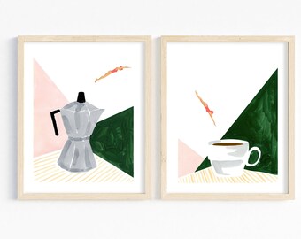 Coffee Prints, Coffee Bar Art, Retro Diver, Kitchen Wall Decor, Coffee Station Art, Coffee Lover Gifts, Art Prints Set of Two