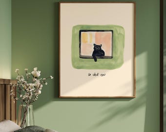 Black Cat Art Print: Vintage Chat Noir Style - Retro Feline Decor