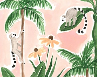 Leaping Lemurs Art Print - Sabina Fenn Illustration - Gouache Jungle Tropical Animals Botanical Painting - Pink and Green Wall Home Decor