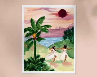 Tropical Hawaiian Island Dancers Print - Watercolor Gouache Art