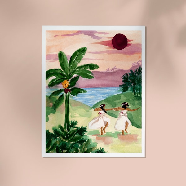 Island Dancers Art Print -  Sabina Fenn - Watercolor Gouache Wall Art Illustration - Chic Tropical Hawaiian Painted Decor