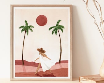 Boho Art Print, Sunset Desert, Tropical Minimal Art, Minimalist Prints, Women Wall Art, Summer Paintings, Bohemian Illustration, Bedroom Art