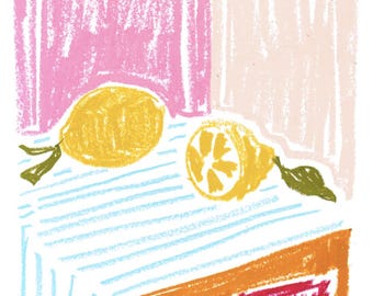 Lemon Art Print, Playful Still Life, Pink Blue Fruit Wall Art