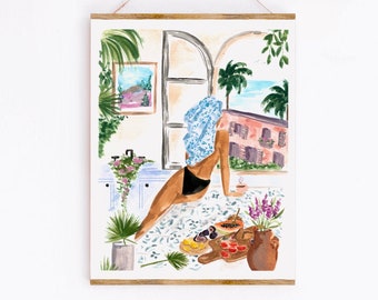 A Peaceful Morning Art Print, Fashion Chic Woman Fruit Ocean Palm Trees, Tropical Watercolour Wall Decor Artwork, Sabina Fenn Illustration