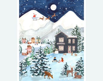 Winter Village Giclée Print, Skating Snowman Scene