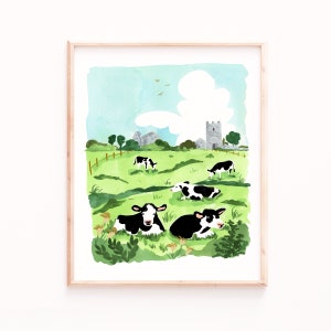 Ireland Art Print, Ennis Painting, Landscape Prints, Cow Print, Farm Field Illustration, Vibrant Wall Art, Grasslands, Irish Landscape