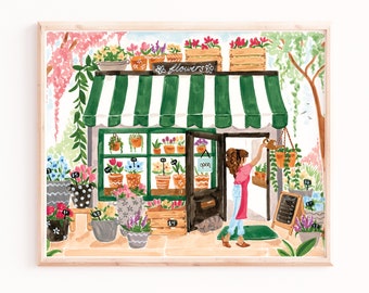 Flower Shop Print, Floral Wall Art, Sweet Little Store Painting, Aquarelle, Sabina Fenn