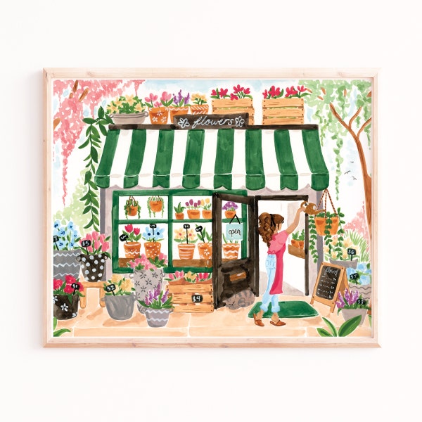 Flower Shop Print, Floral Wall Art, Sweet Little Store Painting, Watercolor, Sabina Fenn