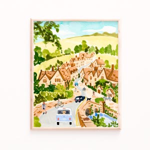 Cotswolds England Watercolor Print | English Countryside Art | Cozy Cottagecore Decor | Scenic Village Landscape