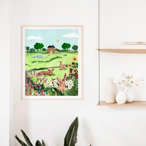 May include: A watercolor painting of a green field with a small house in the background. There are three brown rabbits in the field, surrounded by pink and yellow flowers.