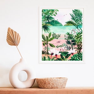 Beach Art Print, Tropical Ocean Botanical Illustration, Lush Watercolor Painting, Bird and Trees Landscape, Seaside Wall Art, Bathroom Art image 3