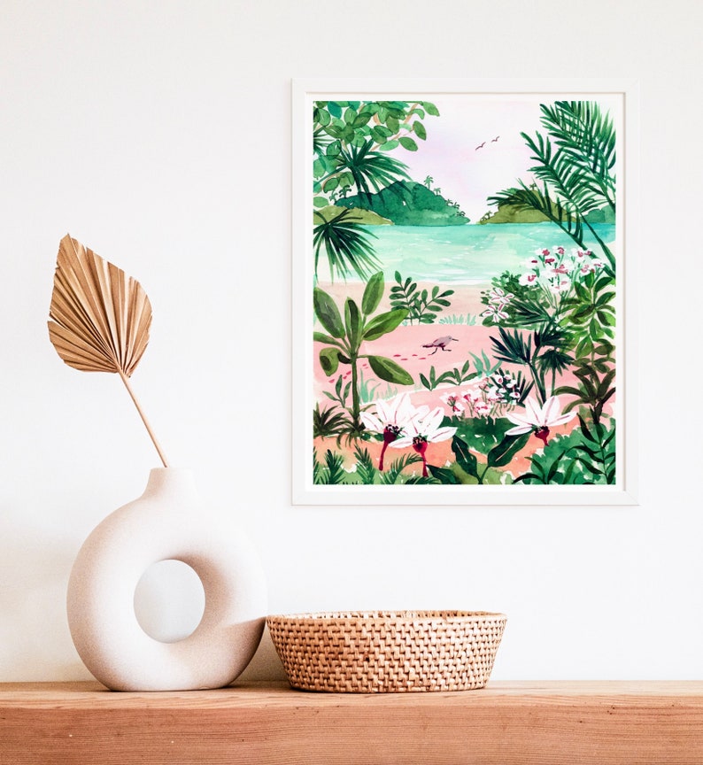 Beach Art Print, Tropical Ocean Botanical Illustration, Lush Watercolor Painting, Bird and Trees Landscape, Seaside Wall Art, Bathroom Art image 3