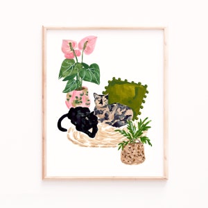 Stampa artistica di gatti, poster di due gatti e piante, regali per gli amanti dei gatti, piante d'appartamento e pittura per animali domestici