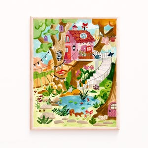 Whimsical Treehouse Watercolor Art Print: Enchanted Forest Decor