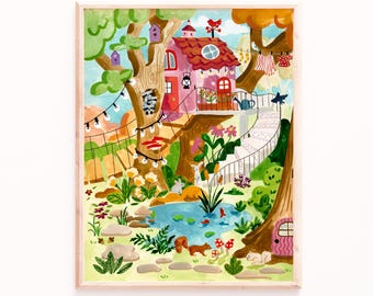 Whimsical Treehouse Art Print: Enchanted Forest Watercolor