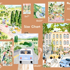 May include: A size chart displaying various watercolour art prints including a garden picnic, a coastal road trip, a greenhouse scene, a city street with townhouses, and a car with a dog. The prints are labelled with dimensions in inches: 5x7, 8x10, 11x14, 12x16, 16x20, 18x24, and 24x30.