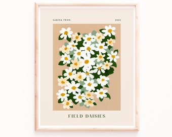 Daisy Poster Print, Field Daisies Art Print, Spring Flowers, Artwork, Trendy Prints, Neutral Prints, Painting Wall Decor Gouache, Calm Art