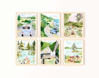 Summer Adventure Print Set, Custom Print Set, Modern Travel Watercolor, Road Trip Art, Lake Art, Camping Posters, Traveller Gifts, Van Art