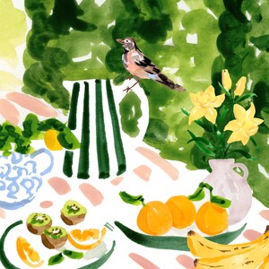 May include: A watercolor painting of a still life featuring a pitcher, fruit, and flowers. The pitcher is green and white striped. The fruit includes kiwi, oranges, and yellow plums. The flowers are yellow lilies in a light purple vase. A small brown bird is perched on the pitcher.