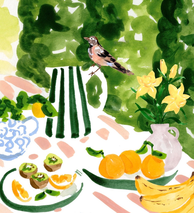 May include: A watercolor painting of a still life featuring a pitcher, fruit, and flowers. The pitcher is green and white striped. The fruit includes kiwi, oranges, and yellow plums. The flowers are yellow lilies in a light purple vase. A small brown bird is perched on the pitcher.