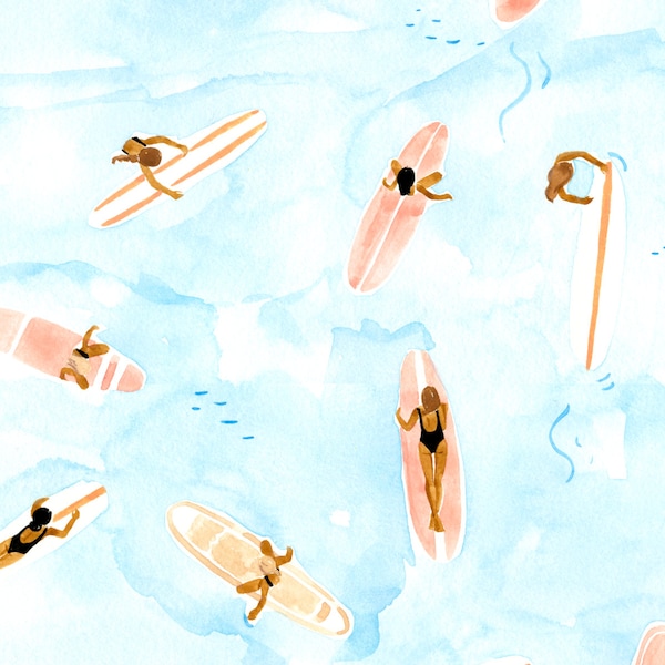 Instant Download Print, Surfers Fine Art Print, Summer Inspired Ocean Artwork, Surf Girls Women on the Water, Watercolor Painting