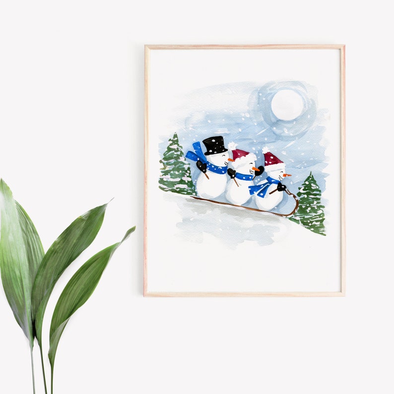 Sledding Snowmen Art Print Sabina Fenn Illustration Holiday Christmas Watercolor Gouache Painting Wall Decor image 4