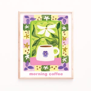 Impresión de póster de café, café matutino, arte estilo años 70, arte de pared de cocina vibrante, arte de estación de café, impresiones de café modernas, regalos para amantes del café