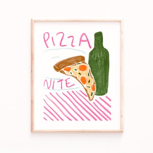 Stampa artistica della serata della pizza, decorazione della parete della cucina, poster della pizza, regali per gli amanti della pizza, poster del cibo, arte della parete verde e magenta