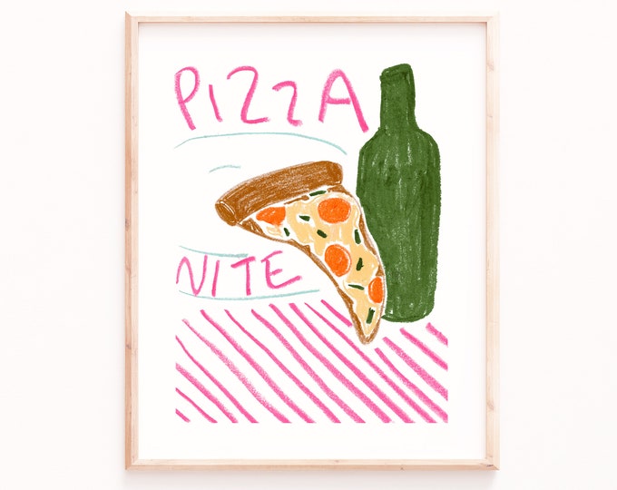 Colorful Pizza Night Art Print - Whimsical Kitchen Wall Decor