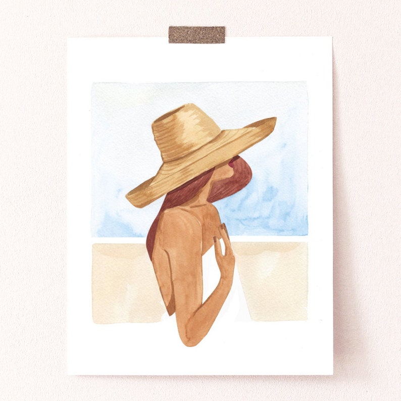 Emmeline Art Print Sabina Fenn Illustration Fashion Portrait Watercolor and Gouache Painting Wall Decor Minimal Sun Hat Summer Artwork image 2