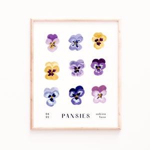 Pansies Art Print - Pansy Art - Arte de flores botánicas - Gouache de acuarela, Pintura, Decoración de pared floral, Impresiones de carteles, Arte de flores