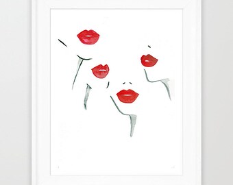 May include: A framed art print with a minimalist illustration of a face and red lips. The artwork uses simple lines and watercolour to depict the face and lips against a white background. The lips are a vibrant red.