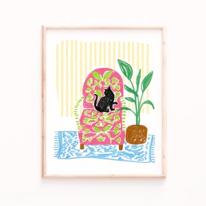 Black Cat on a Chair Print, Living Room Decor, Colorful Prints, Cat Lover Gift, Gifts for Her, Above Couch Painting