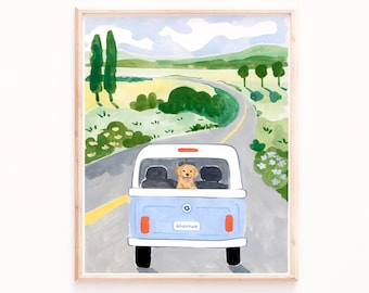 Road Trip Dog Art Print, Summer Adventure, Map Wall Decor, Watercolor Travel Painting, Sabina Fenn