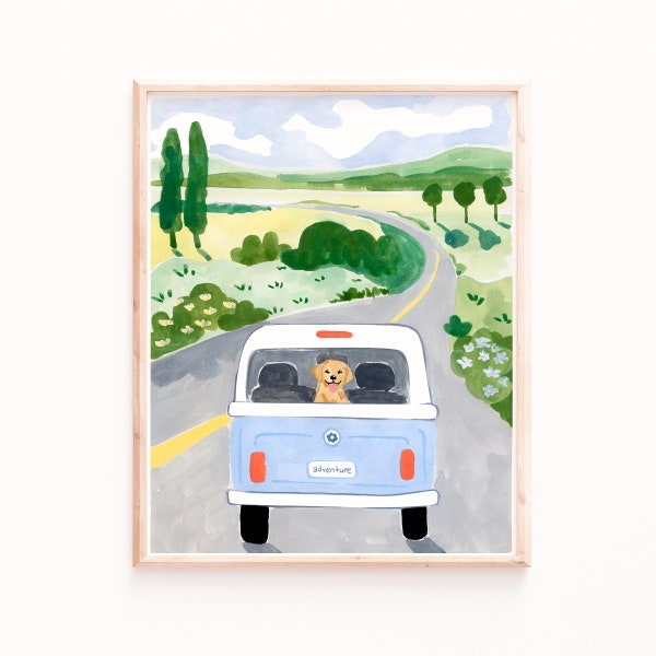 Road Trip Dog Art Print, Summer Adventure, Map Wall Decor, Watercolor Travel Painting, Sabina Fenn