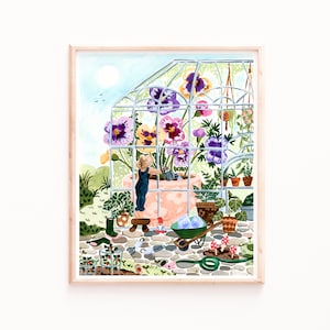 Gewächshaus Garten Kunstdruck - Stiefmütterchen Frühlingskunst - Friedliche Botanisches tropisches Kunstwerk - Aquarell Gouache Garten Malerei Wanddekoration