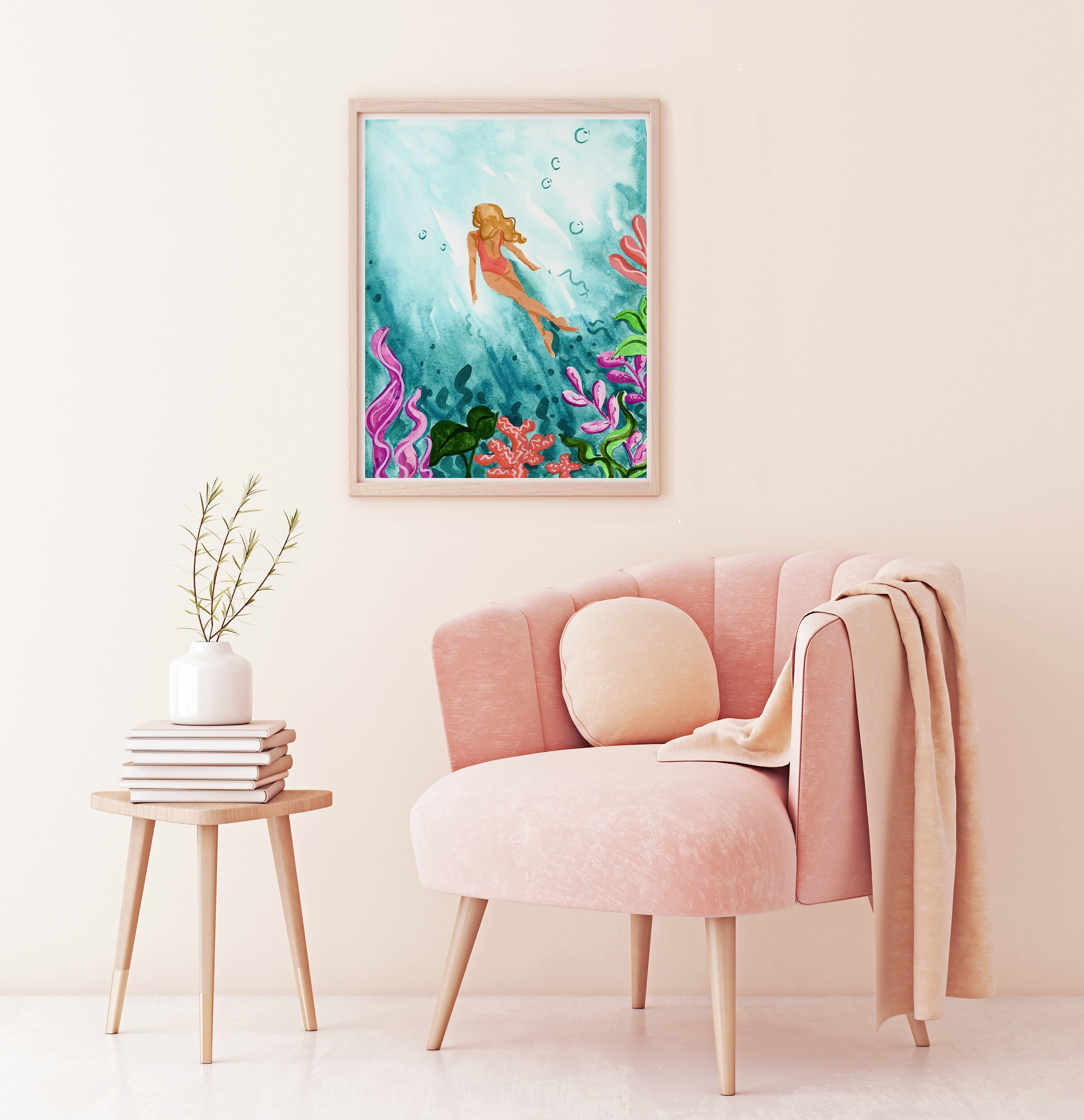 Ocean Art Print, Woman Swimming Underwater, Vibrant Wall Art
