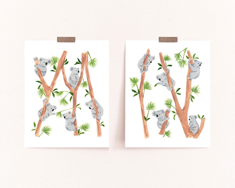 May include: Two prints of watercolor illustrations of koalas climbing on tree branches. The koalas are gray and the branches are brown. The background is white.