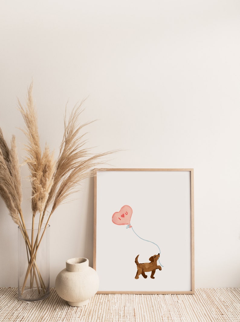 PRINTABLE Valentine's Day Art Print, Cute Dog Valentine, Dachshund Balloon, Valentine Wall Art, Watercolor Valentines Dog, Valentines Decor image 4