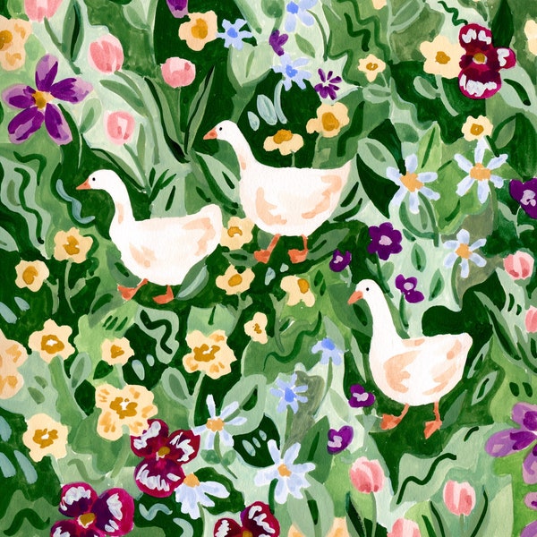 Ducks and Wildflowers Art Print, Floral Wall Art, Garden Art Prints, Flower Painting, Gouache Watercolor, floral Green Art, Cottage Core