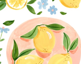 PRINTABLE Lemons and Flowers Art Print - Sabina Fenn Illustration - Fruit and Flowers Gouache Painting Wall Decor - Perfect for kitchen