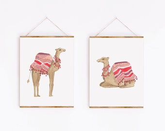 Moroccan Camels Art Print Set of Two, Watercolor Painting Wall Decor Nursery Kids Room, Boho Chic, Sabina Fenn Illustration